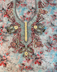 Sky Watercolor Floral Cotton Mukhawar featuring premium printed cotton with a luxurious hand-embellished front and soft watercolor floral print by Gharza Couture.
