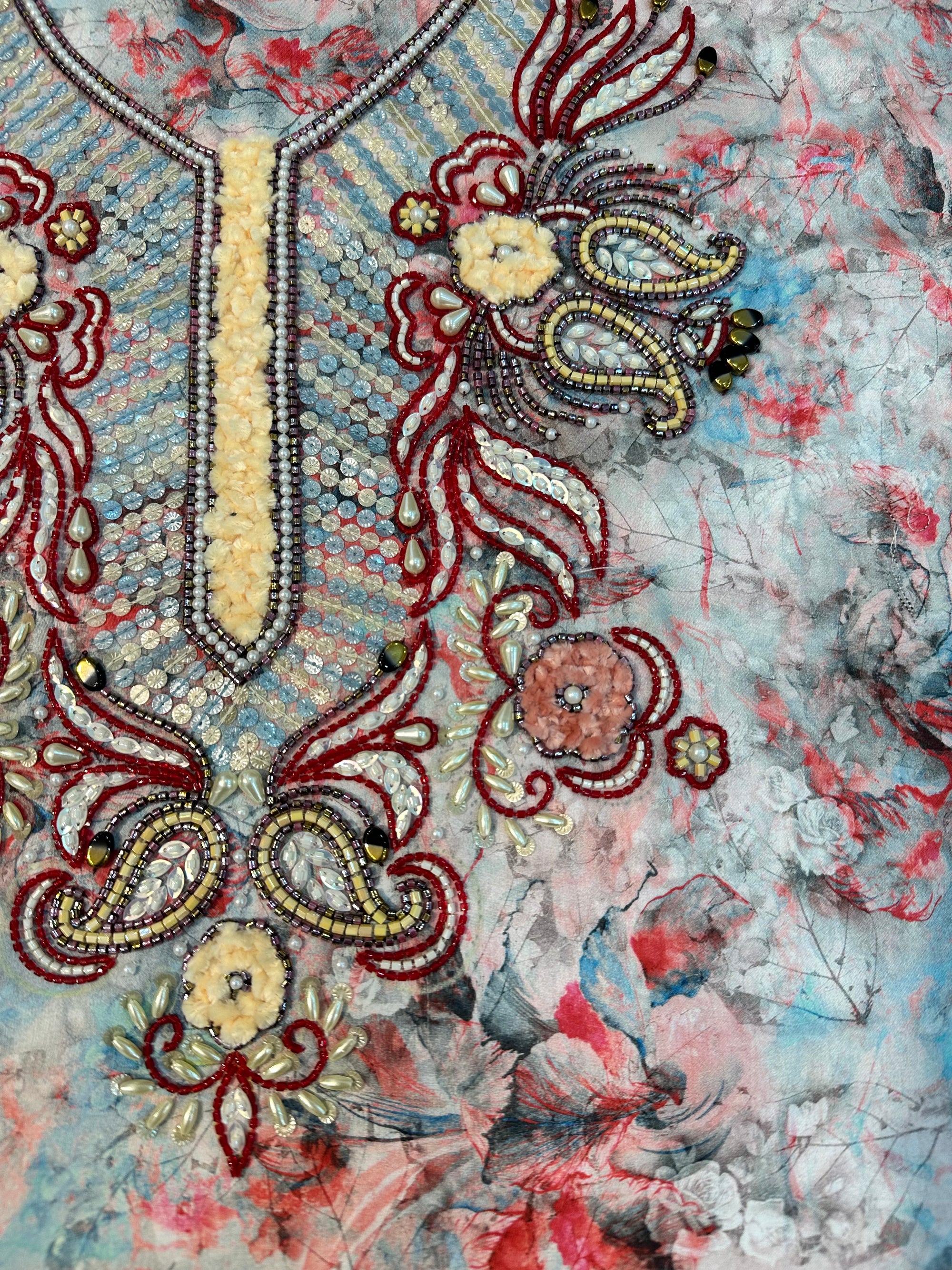 Close-up of the hand-embellished front on the Sky Watercolor Floral Cotton Mukhawar showcasing intricate beadwork and premium printed cotton fabric.