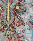 Close-up of the hand-embellished front on the Sky Watercolor Floral Cotton Mukhawar showcasing intricate beadwork and premium printed cotton fabric.