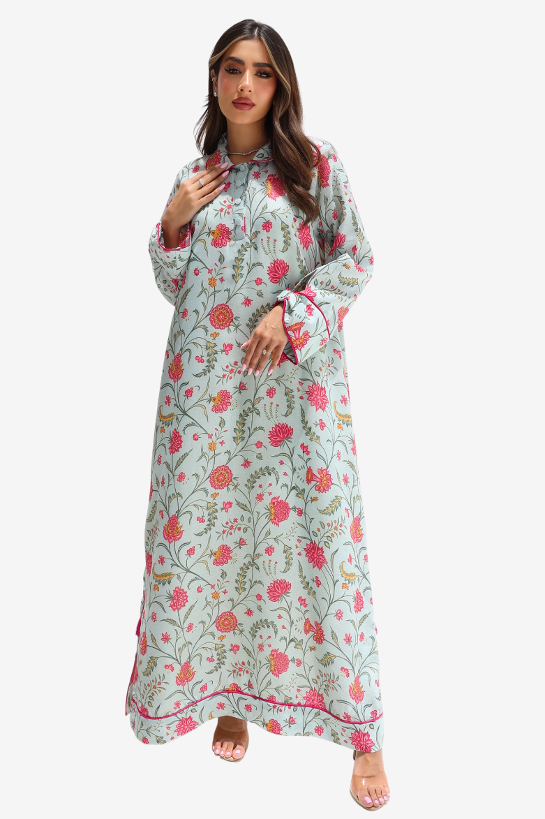 Floral Pastel Print Linen Jalabiya