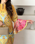 Paisley Print Linen Blend Jalabiya Bell Sleeve Detail