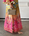 Colorful paisley print detail on luxury jalabiya for women