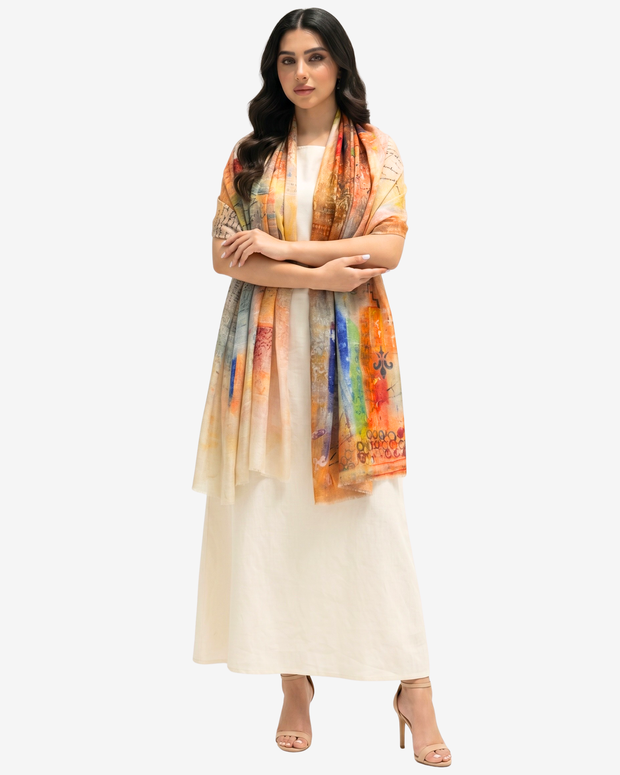 A woman modeling a cream-colored kurta and dupatta set with a vibrant, multicolored printed shawl draped over her shoulders, set against a plain light gray background.