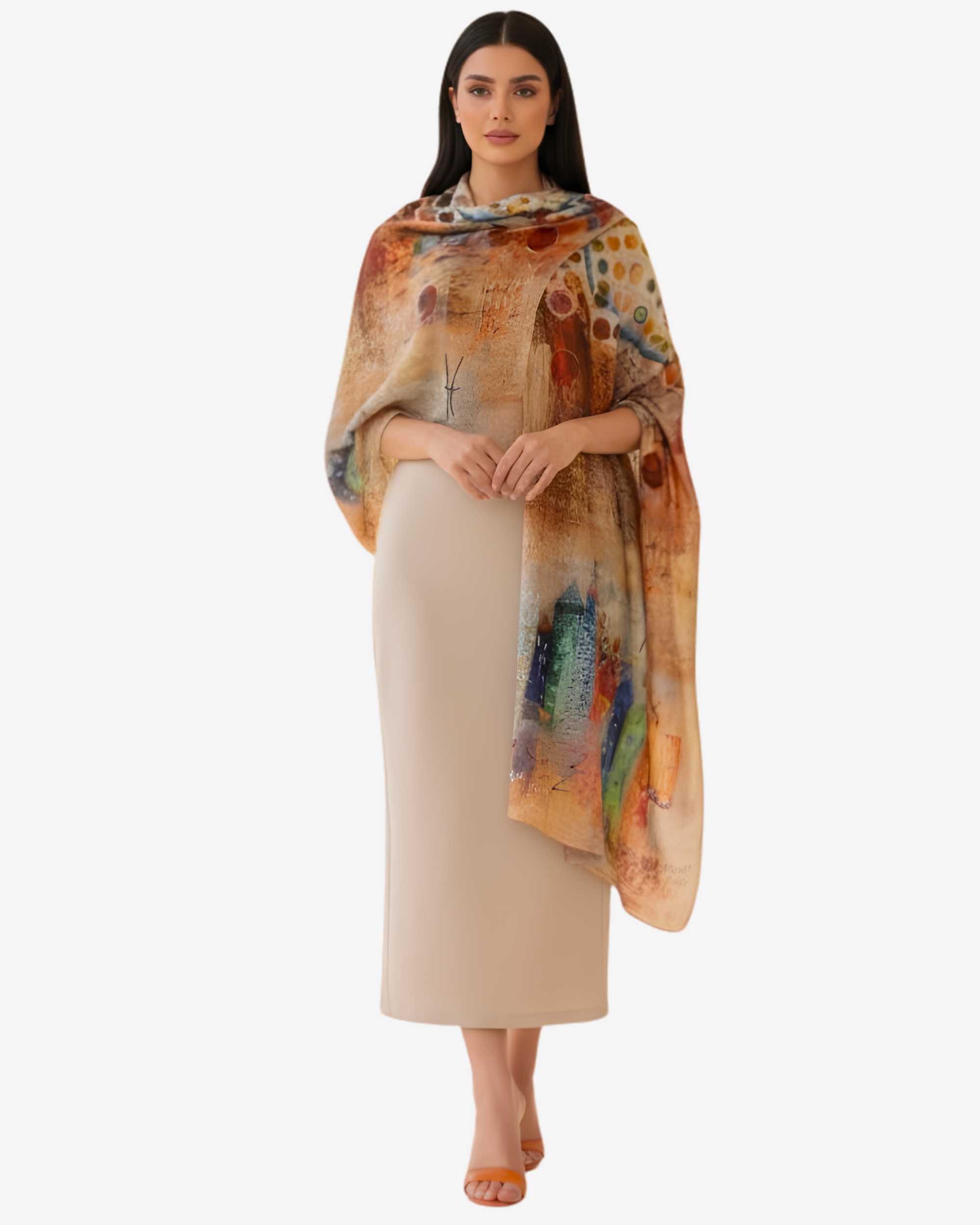 A woman modeling a beige midi skirt paired with a colorful abstract-printed shawl draped over her shoulders, set against a plain light gray background.