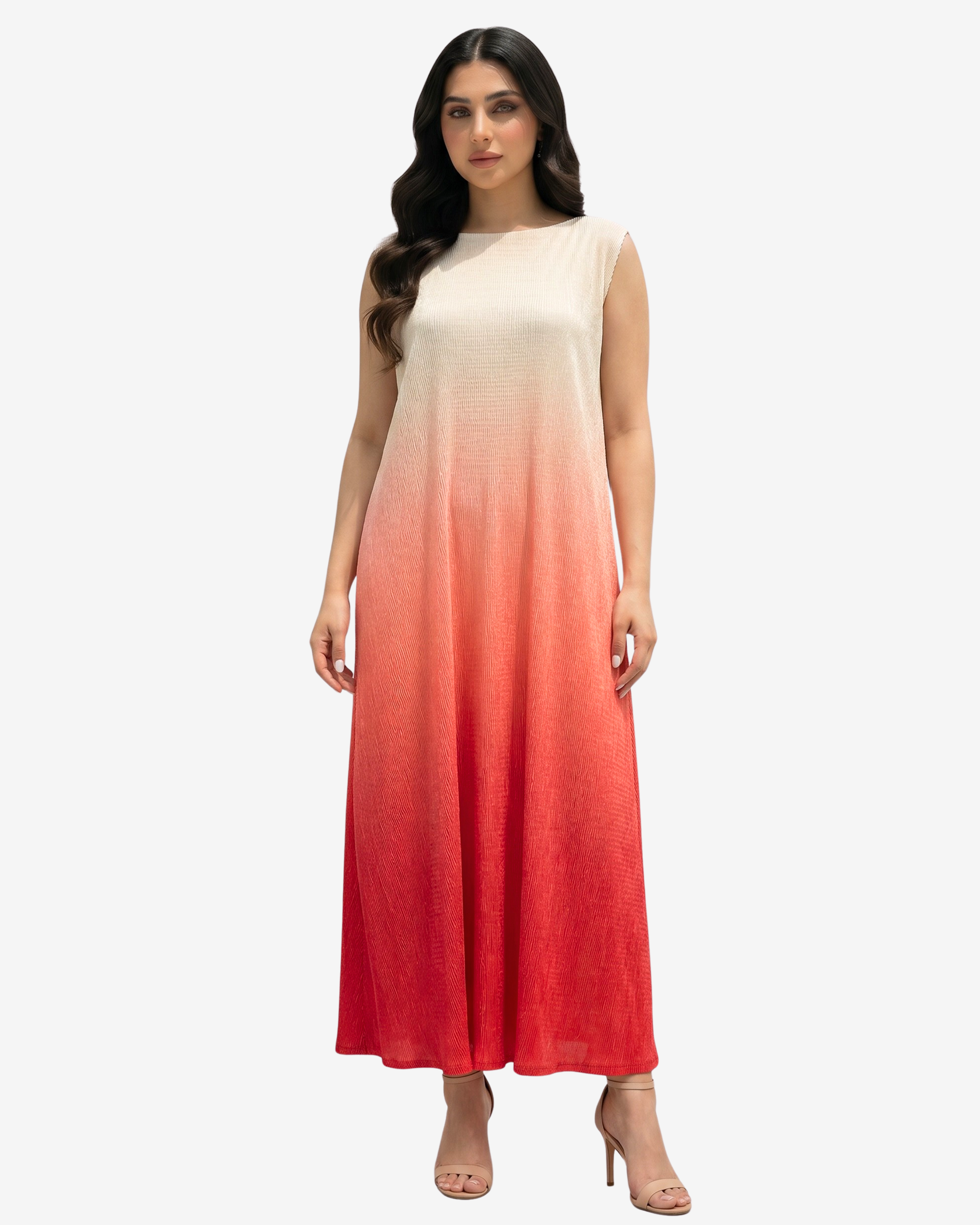 Sunset Glow Velvet Satin Dress by Gharza Couture featuring an ivory to coral ombré design and elegant sleeveless silhouette.