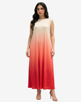 Sunset Glow Velvet Satin Dress by Gharza Couture featuring an ivory to coral ombré design and elegant sleeveless silhouette.