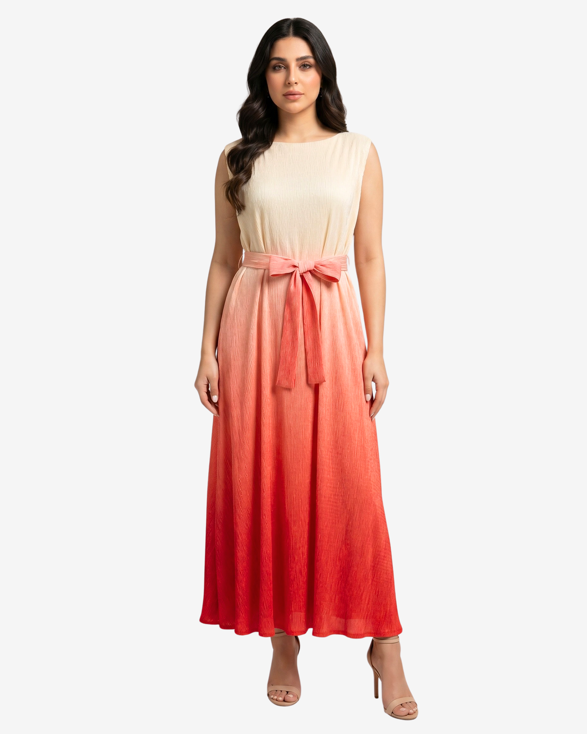 Front view of the Sunset Glow Velvet Satin Dress showcasing the flowing ombré gradient and luxurious full-length design.