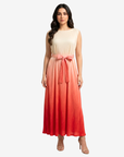Front view of the Sunset Glow Velvet Satin Dress showcasing the flowing ombré gradient and luxurious full-length design.