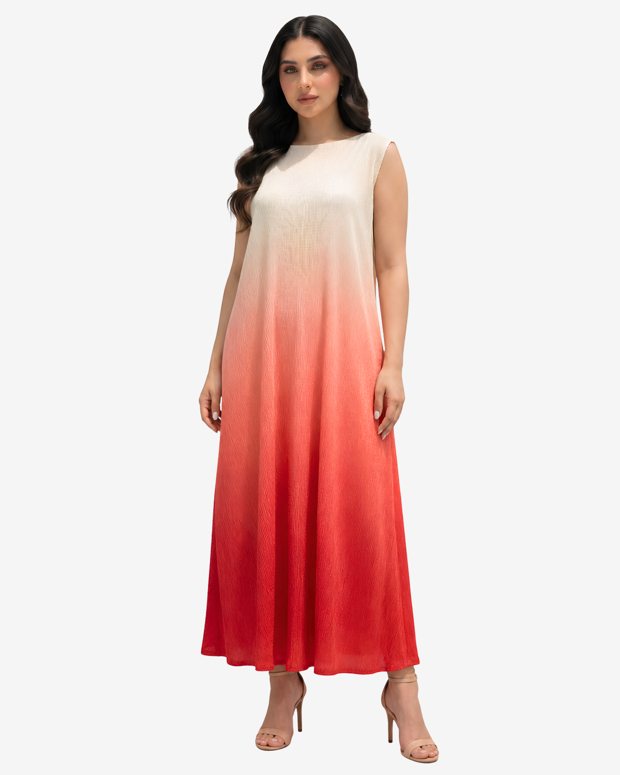 Sleeveless Sunset Glow Velvet Satin Dress in an ivory and coral ombré finish with a graceful flowing silhouette.