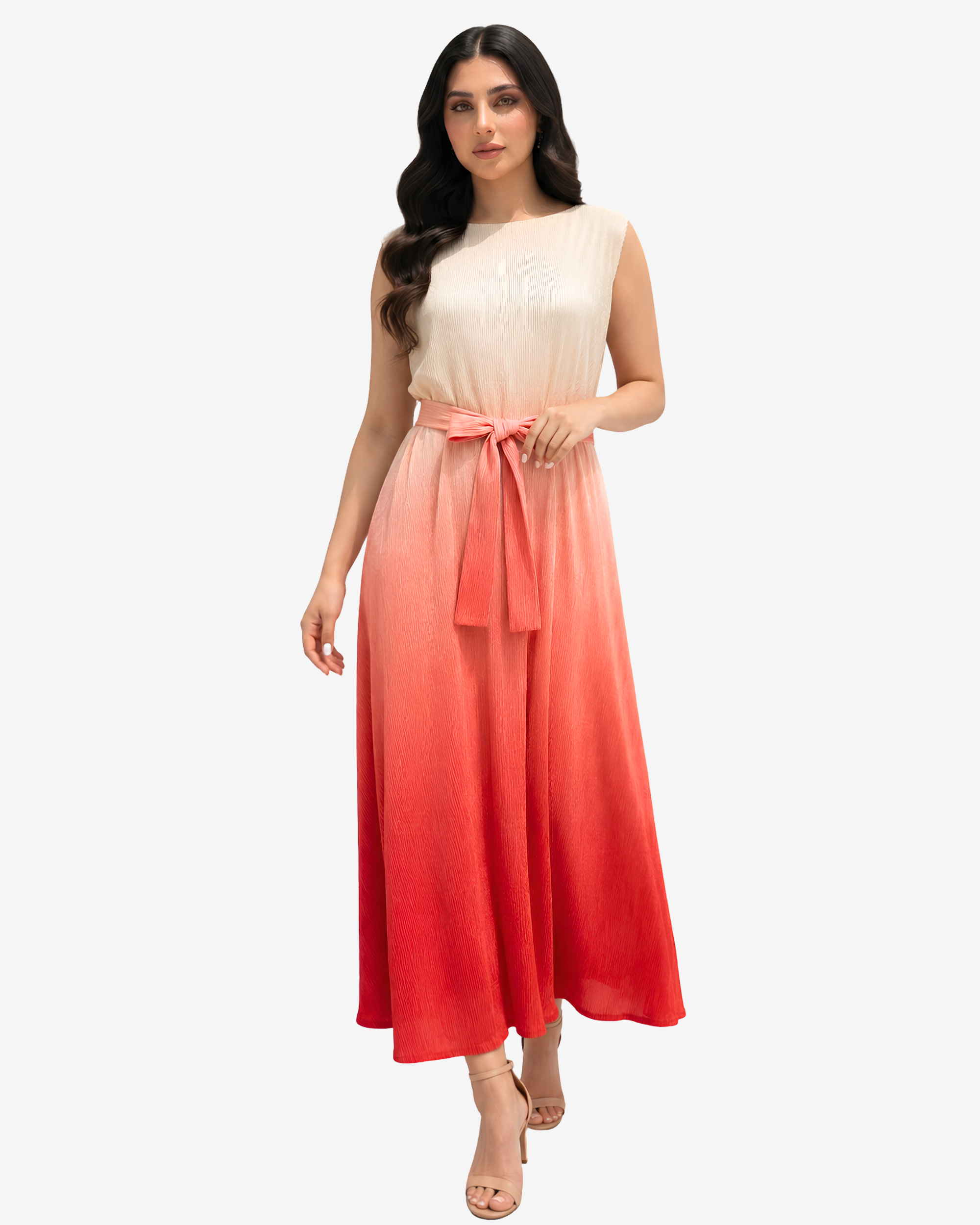 Walking view of the Sunset Glow Belted Velvet Satin Dress highlighting the elegant drape and detachable waist belt.