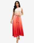 Walking view of the Sunset Glow Belted Velvet Satin Dress highlighting the elegant drape and detachable waist belt.