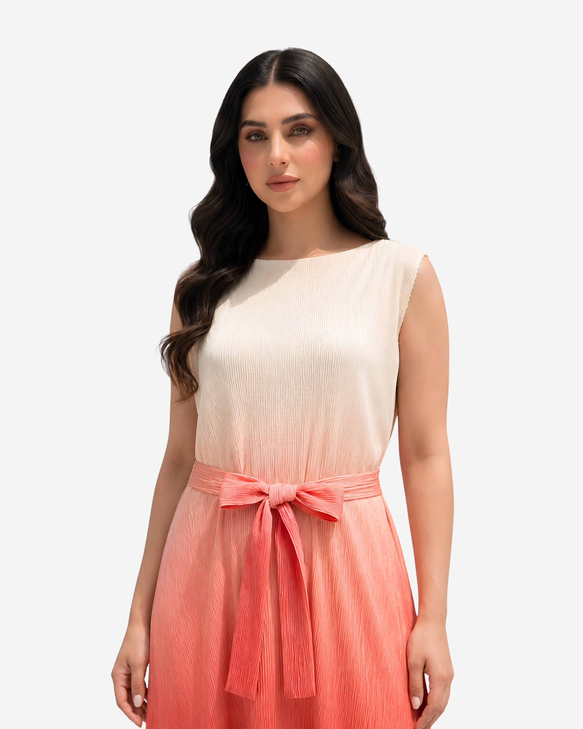 Close-up of the Sunset Glow Belted Velvet Satin Dress featuring the sleeveless neckline and soft velvet satin texture.