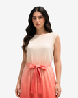Close-up of the Sunset Glow Belted Velvet Satin Dress featuring the sleeveless neckline and soft velvet satin texture.