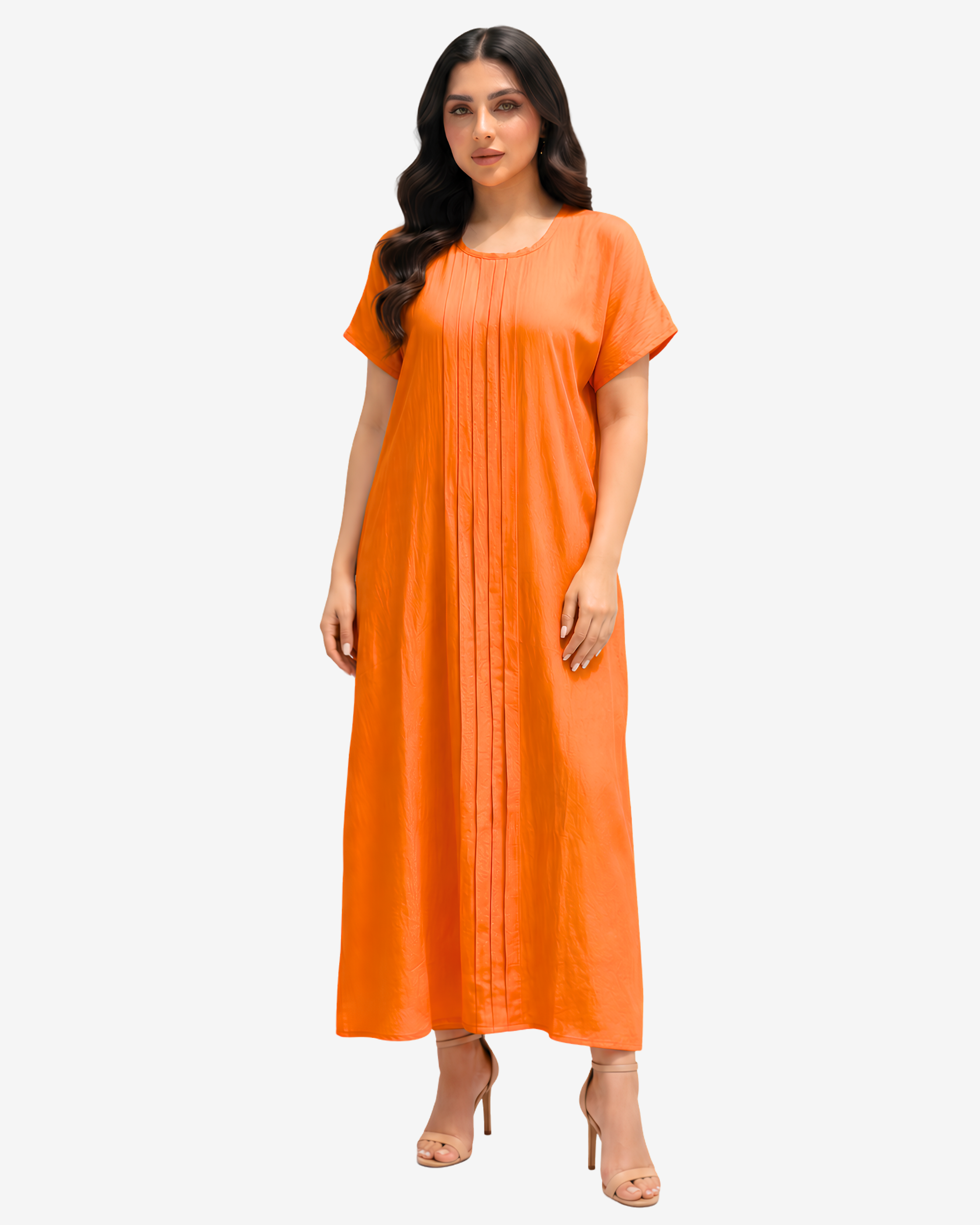 Sunset Glow Pleated Maxi Dress in vibrant orange featuring a flowing silhouette, front pleat detailing, and round neckline.