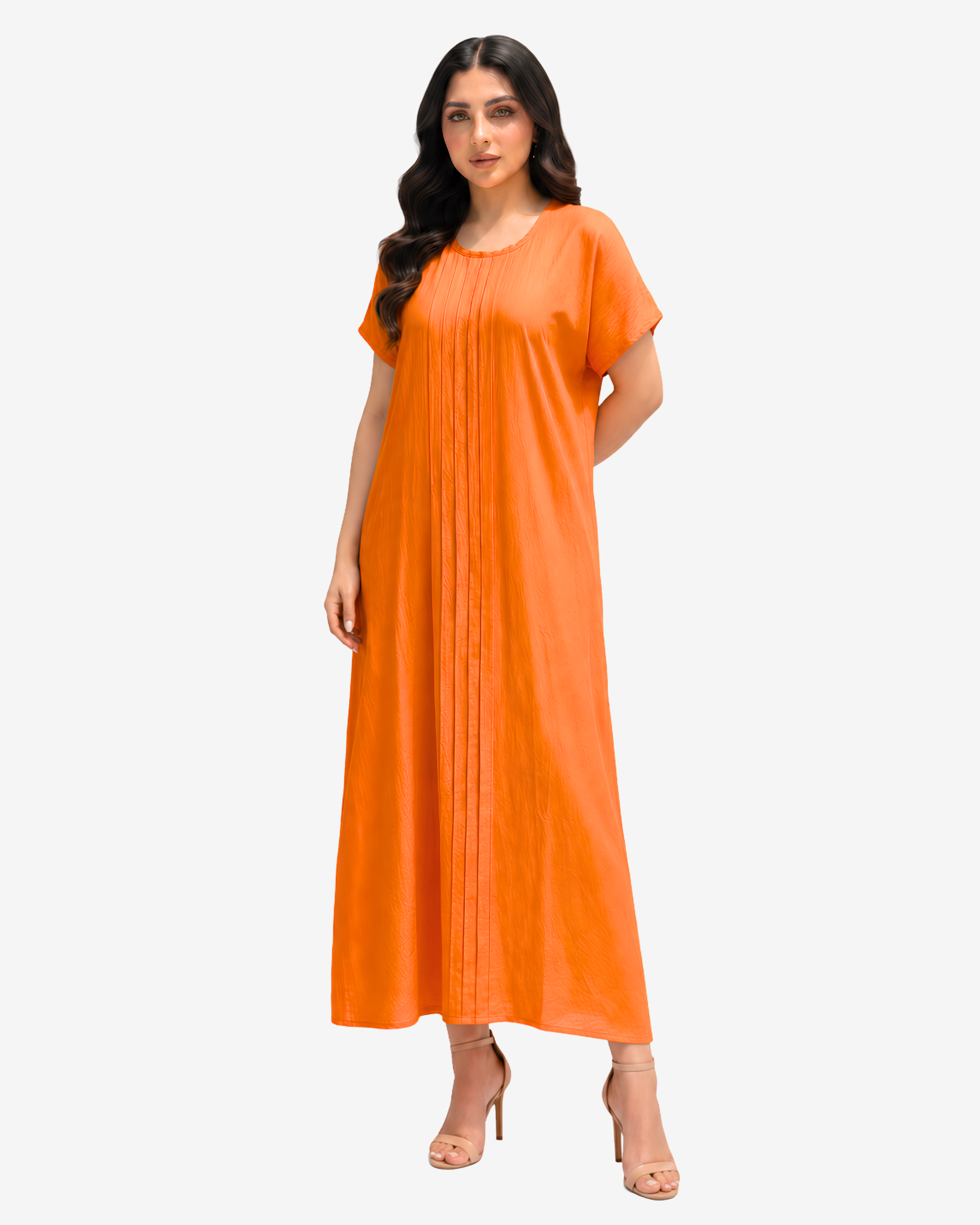 Front view of the Sunset Glow Pleated Maxi Dress showcasing its elegant full-length design and soft pleated front.