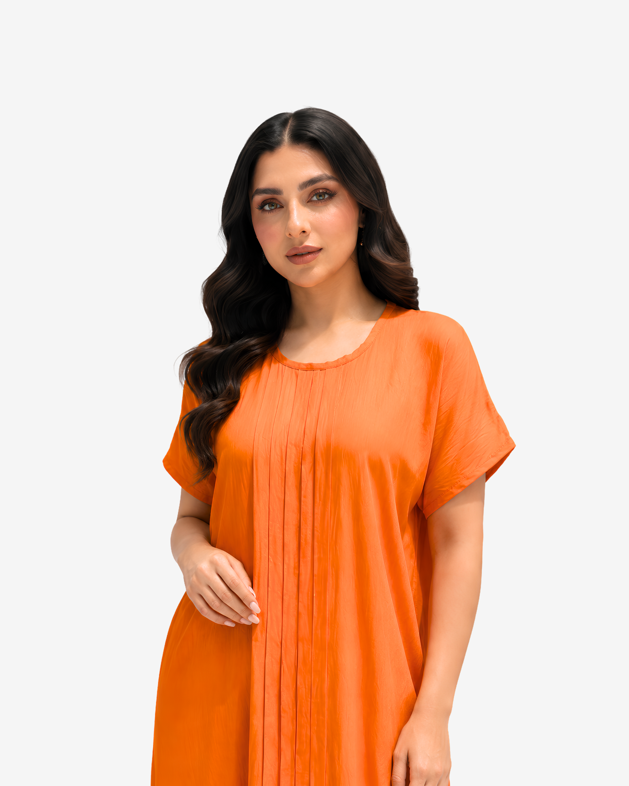 Half Body view of the Sunset Glow Pleated Maxi Dress highlighting the relaxed fit and graceful drape.