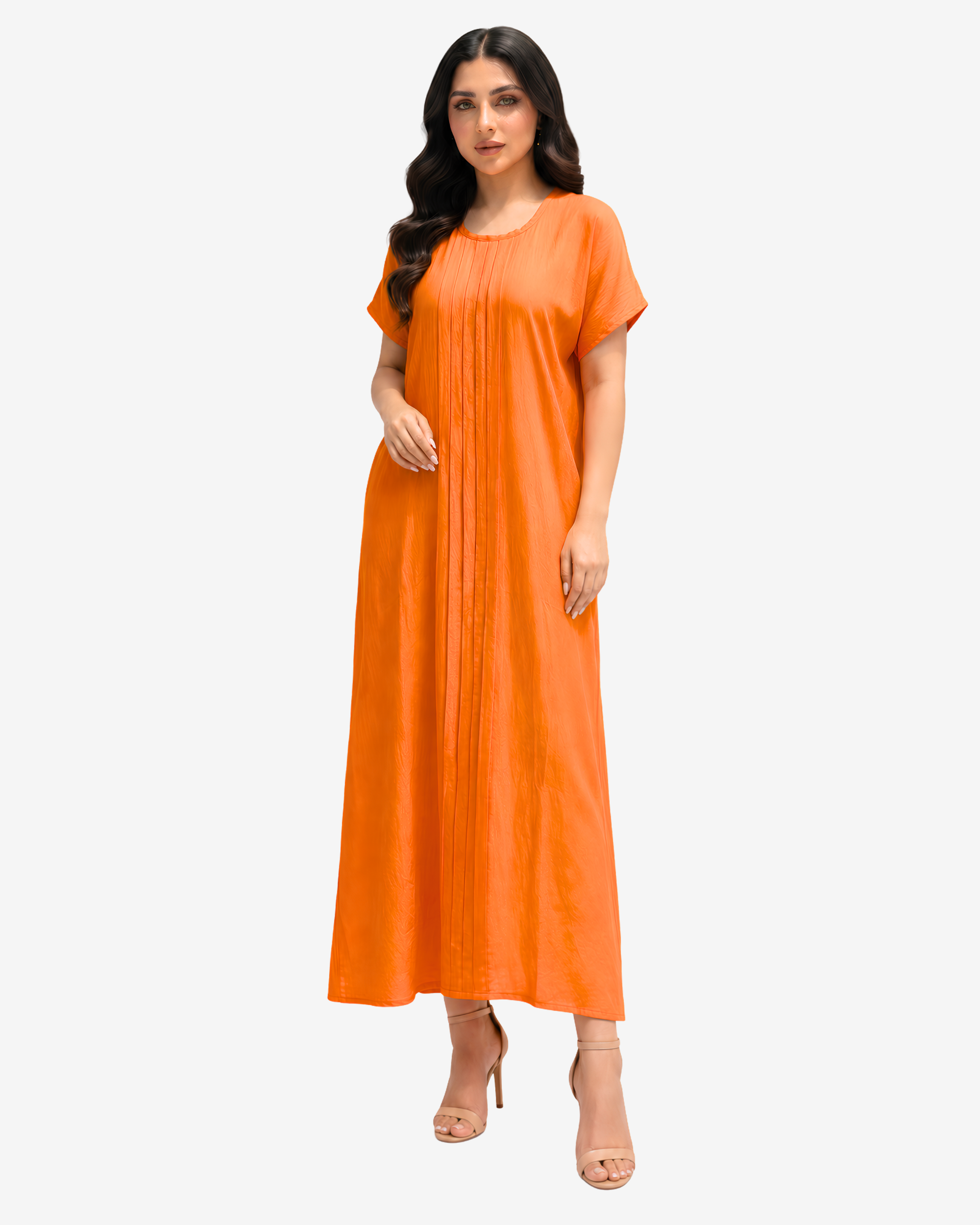 Angled view of the Sunset Glow Pleated Maxi Dress highlighting the relaxed fit and graceful drape.
