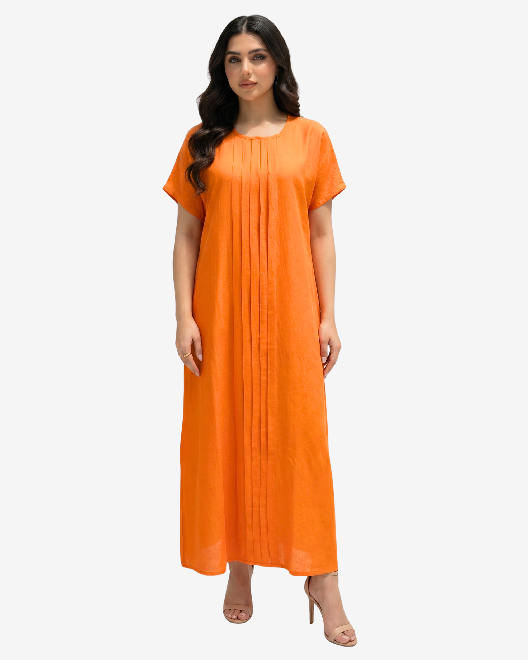 Full-length orange pleated maxi dress with a timeless minimalist design and comfortable flowing silhouette.
