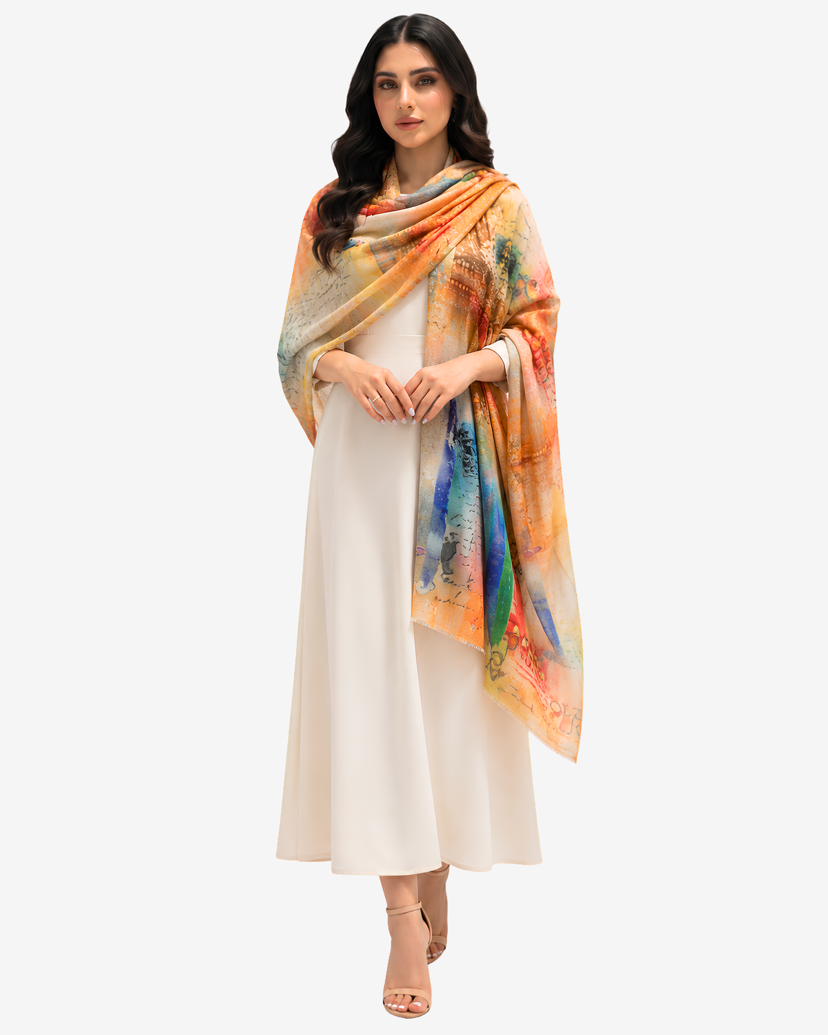 Sunset Gallery Cashmere Silk Scarf wrapped around the shoulders, highlighting the warm multicolor print