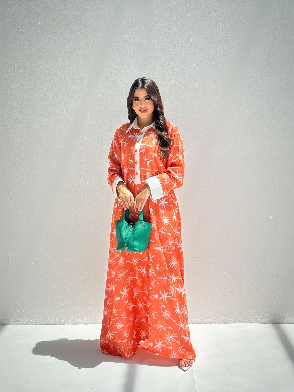 Sunset Palm Sketch Linen Blend Jalabiya with Contrast Collar