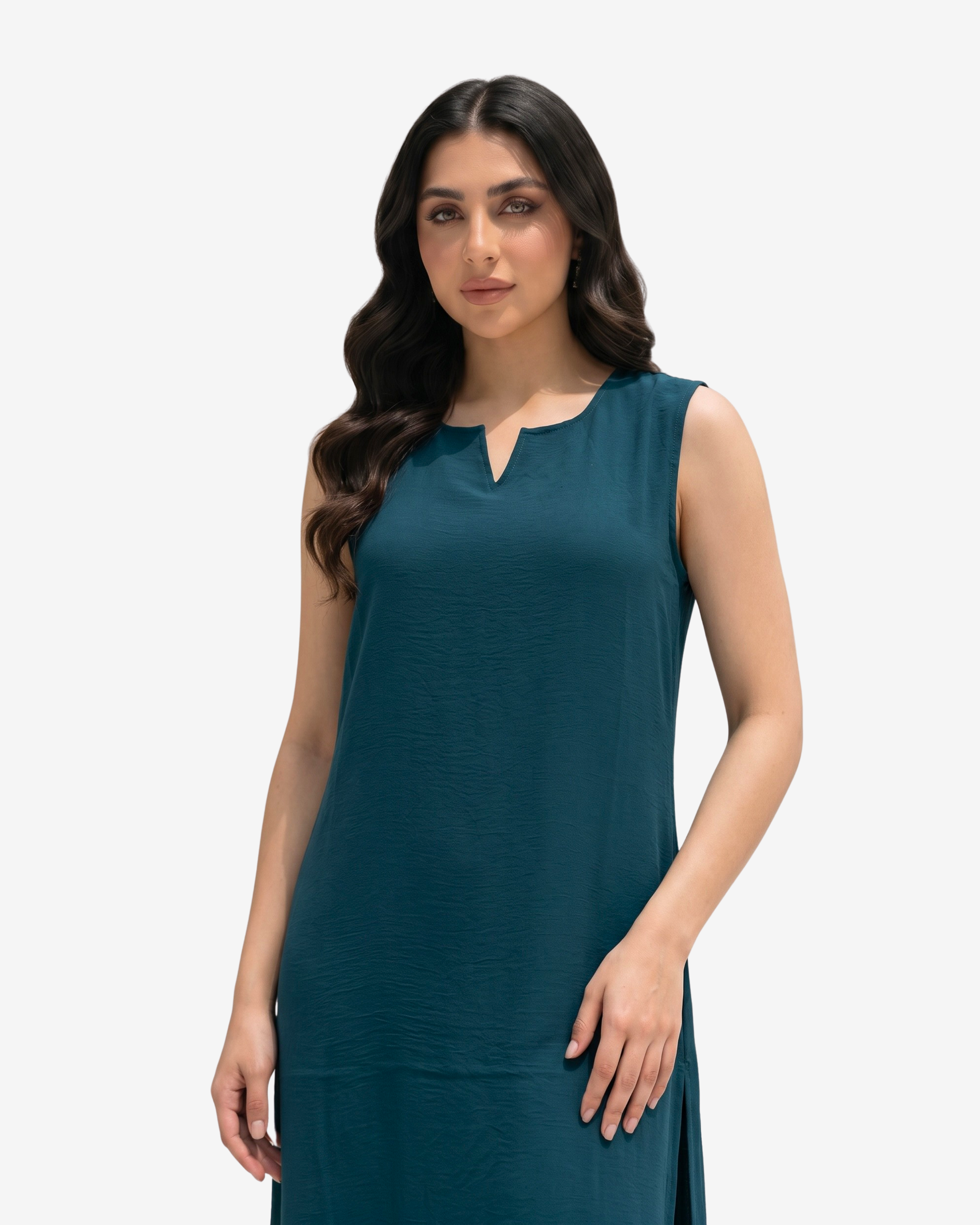 Women's teal sleeveless crepe satin maxi dress with a flowing silhouette, ideal as an inner dress for open abayas and modest fashion.