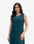 Women's teal sleeveless crepe satin maxi dress with a flowing silhouette, ideal as an inner dress for open abayas and modest fashion.