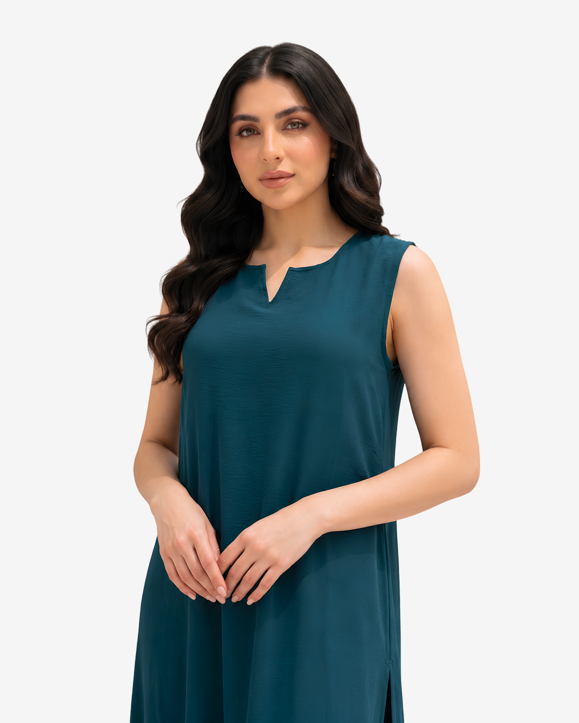 Close-up of the Teal Notch Neck Crepe Satin Inner Dress highlighting the elegant notch neckline and smooth premium crepe satin fabric.