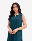 Close-up of the Teal Notch Neck Crepe Satin Inner Dress highlighting the elegant notch neckline and smooth premium crepe satin fabric.