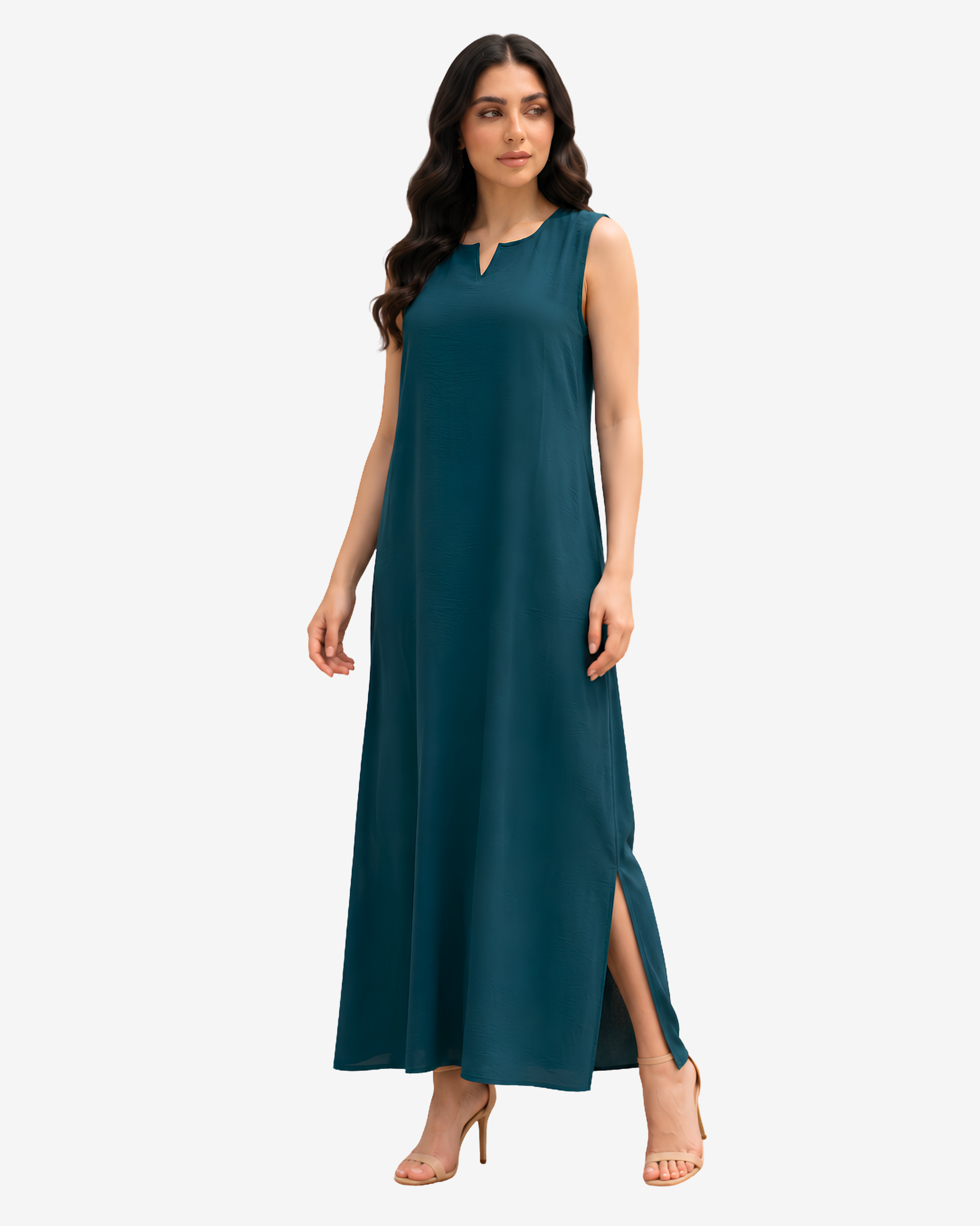 Full-length teal crepe satin inner dress with a sleeveless notch neckline and elegant side slit for a graceful modest look.
