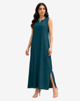 Full-length teal crepe satin inner dress with a sleeveless notch neckline and elegant side slit for a graceful modest look.