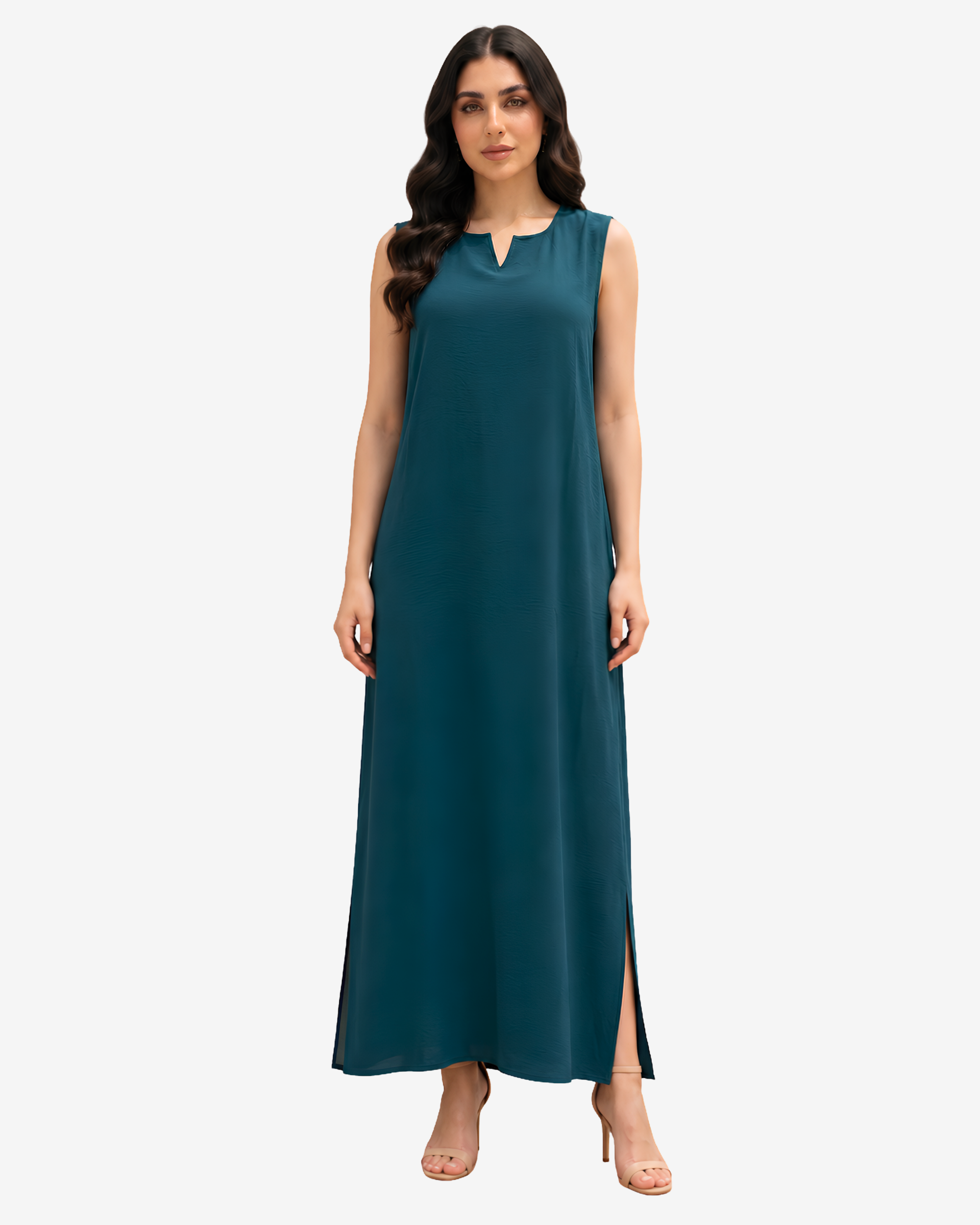 Teal Notch Neck Crepe Satin Inner Dress by Gharza Couture featuring a sleeveless maxi silhouette, perfect for layering under open abayas or wearing on its own.