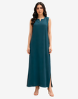 Teal Notch Neck Crepe Satin Inner Dress by Gharza Couture featuring a sleeveless maxi silhouette, perfect for layering under open abayas or wearing on its own.