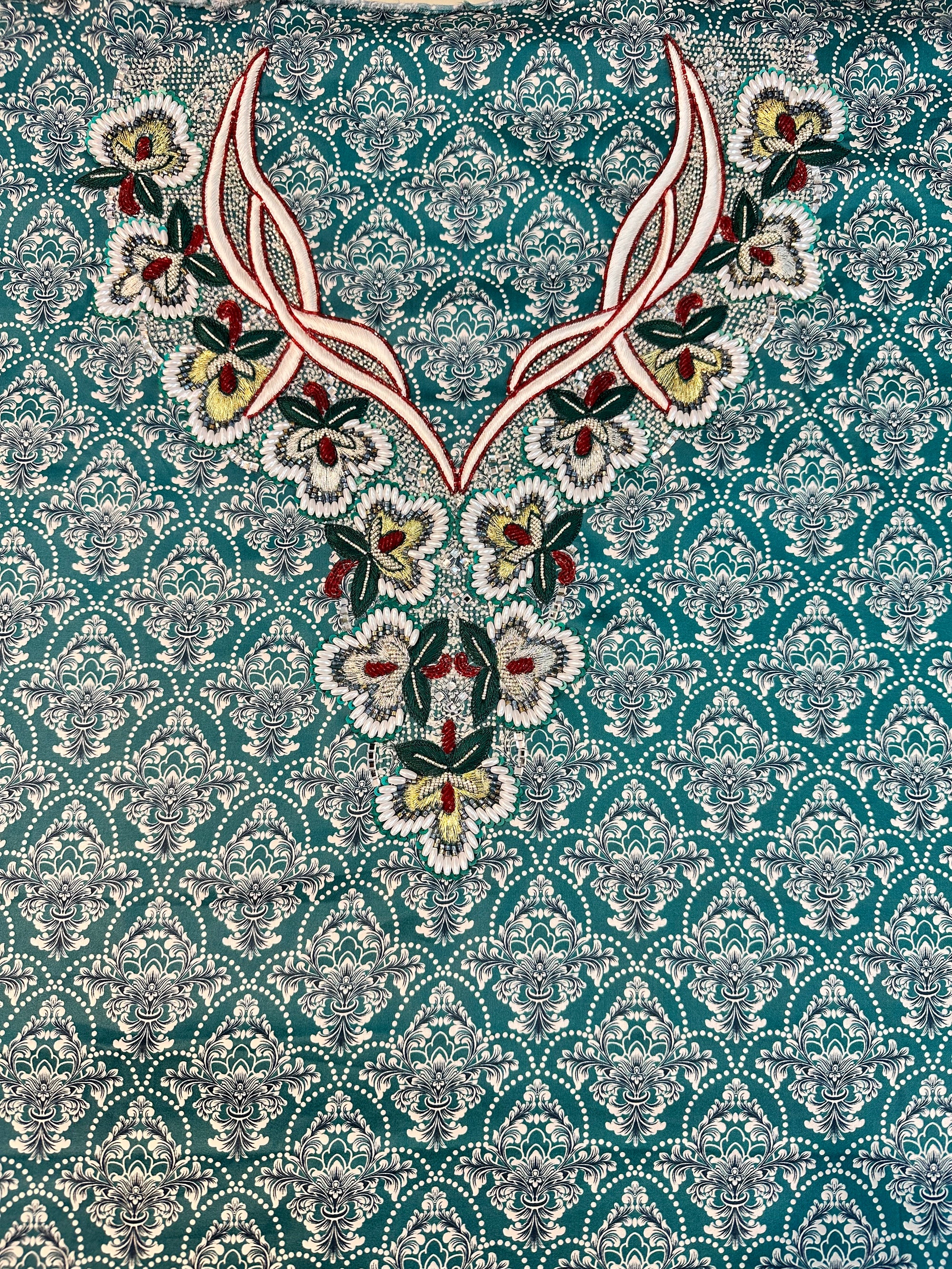 Teal Heritage Liberty Cotton Mukhawar featuring premium Japan Liberty cotton with an embroidered neckline and elegant heritage-inspired print by Gharza Couture.