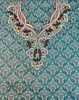 Teal Heritage Liberty Cotton Mukhawar featuring premium Japan Liberty cotton with an embroidered neckline and elegant heritage-inspired print by Gharza Couture.