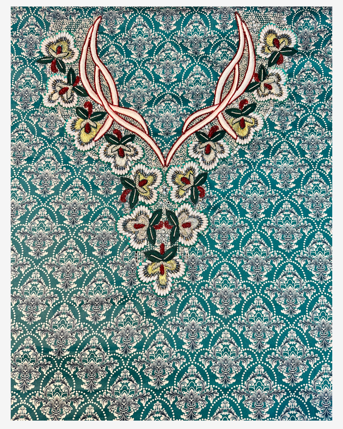Complete teal Japanese Liberty cotton mukhawar fabric with an ornate hand-beaded floral neckline.