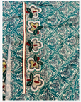 Matching hand design with pearl-style floral beadwork on teal ornamental Japanese Liberty cotton fabric.