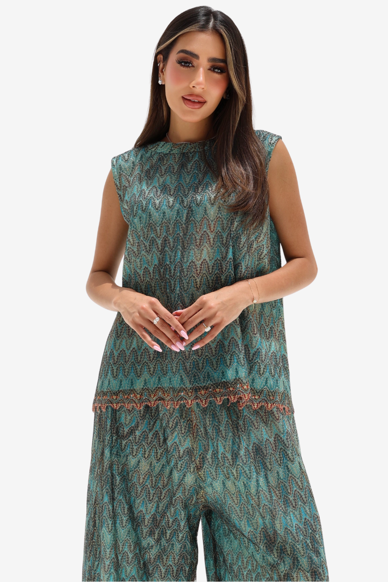 Teal Mosaic Lace Three-Piece Set showing the sleeveless top and intricate lace pattern