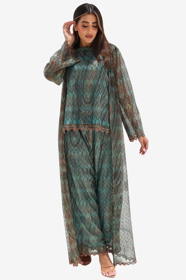 Teal Mosaic Lace Three-Piece Set with long overlay, sleeveless top and wide-leg trousers