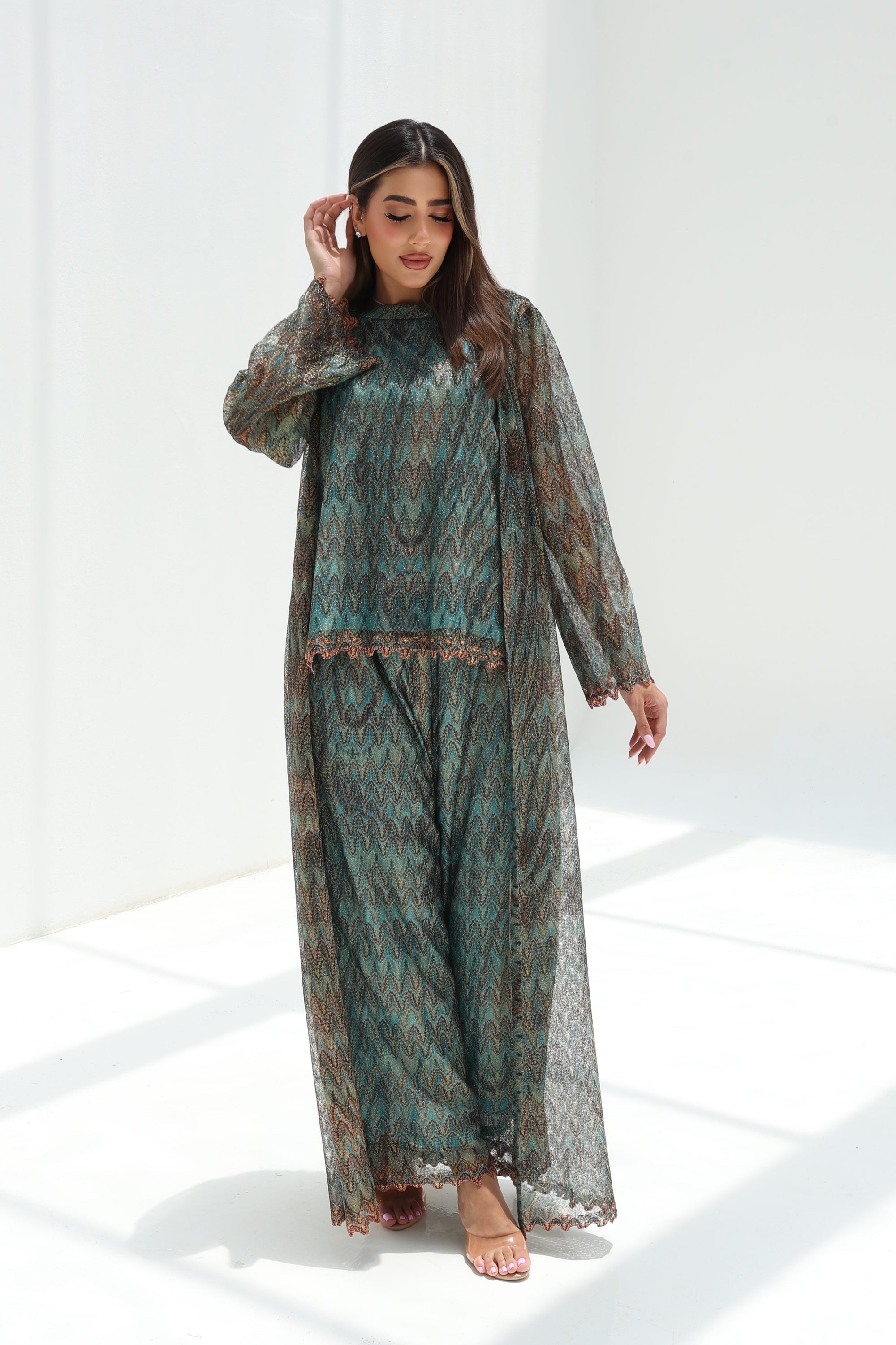 Full-length Teal Mosaic Lace Three-Piece Set with matching overlay and trousers