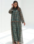 Full-length Teal Mosaic Lace Three-Piece Set with matching overlay and trousers