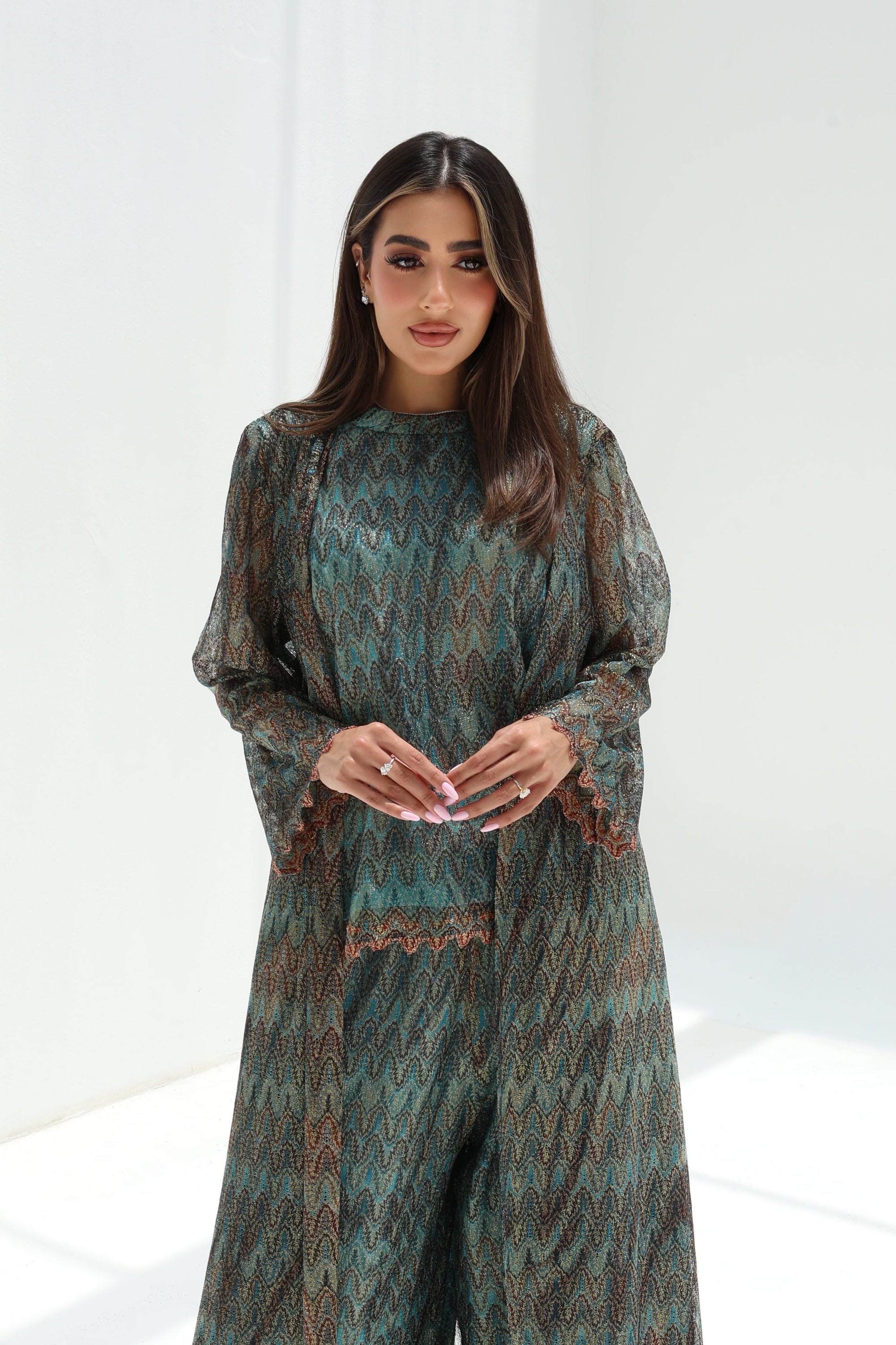 Teal Mosaic Lace Three-Piece Set showing the flowing long-sleeved overlay