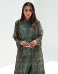 Teal Mosaic Lace Three-Piece Set showing the flowing long-sleeved overlay