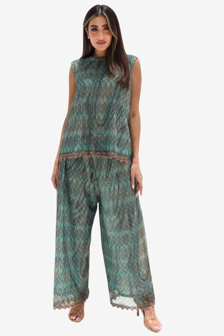 Full-length teal mosaic lace sleeveless top with matching wide-leg trousers