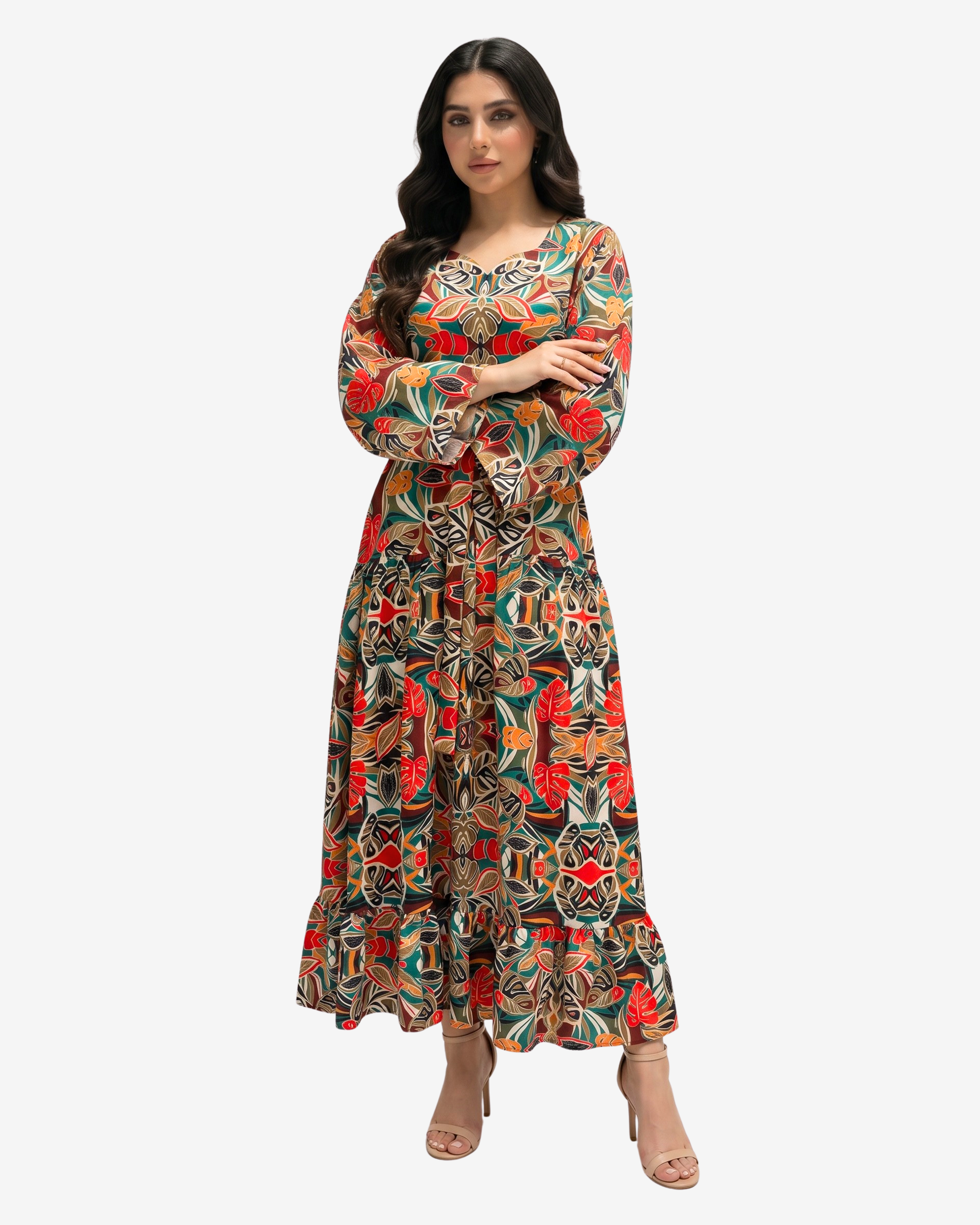 Elegant Tropical Mosaic Linen Blend Dress with embellished neckline and full-length design