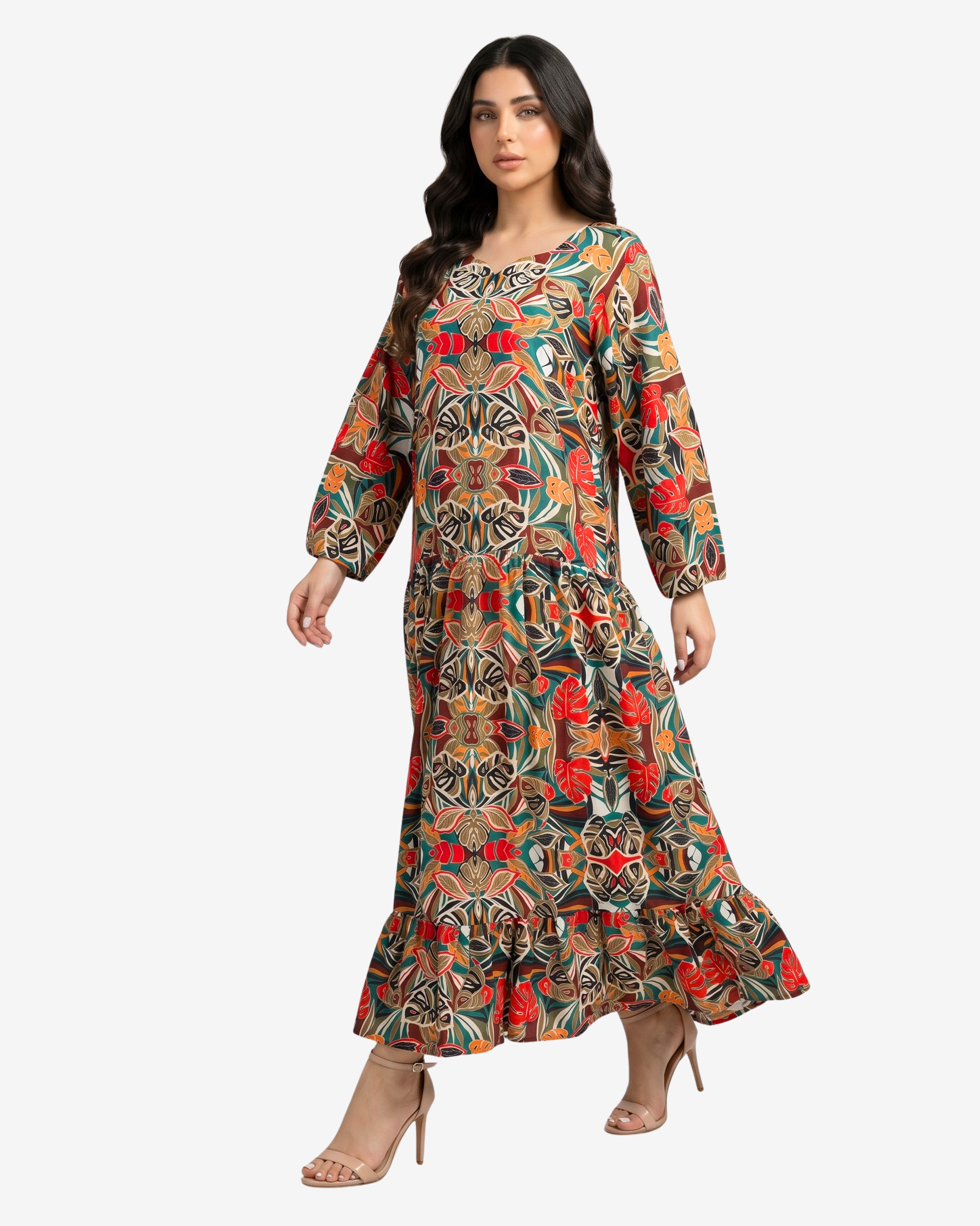 Model walking in Tropical Mosaic Embellished Linen Blend Dress with flowing silhouette