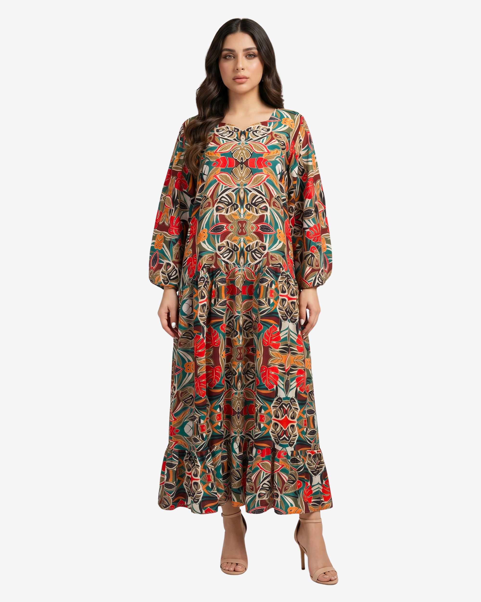 Tropical Mosaic Embellished Linen Blend Dress front view by Gharza Couture