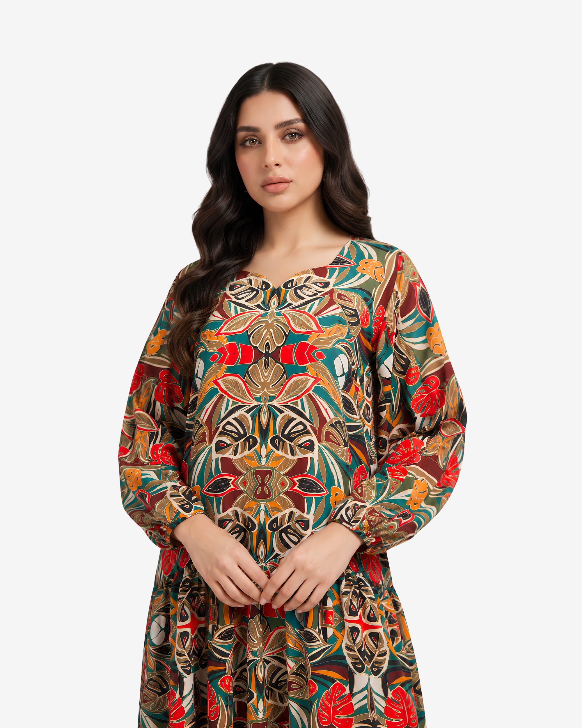 Close-up of Tropical Mosaic Dress featuring hand-embellished neckline and premium linen blend fabric