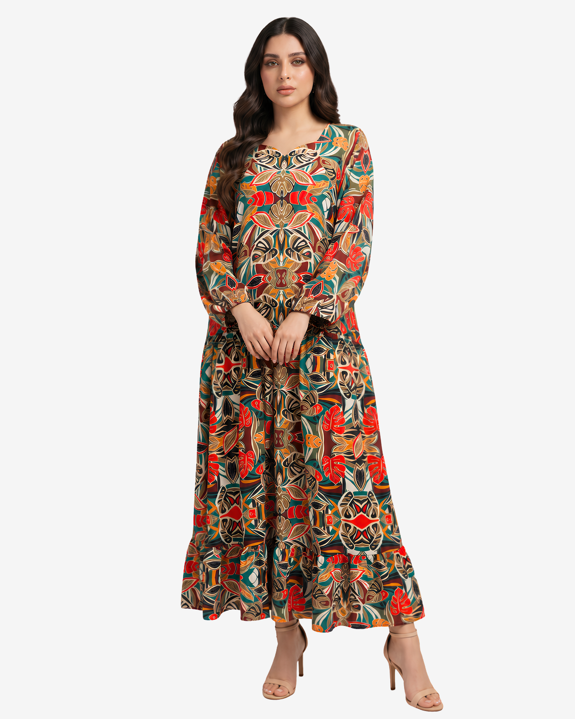 Premium Tropical Mosaic modest dress showcasing vibrant tropical print and relaxed fit