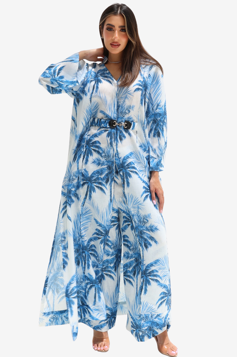 Tropical Palm Print Linen Blend Two-Piece Set