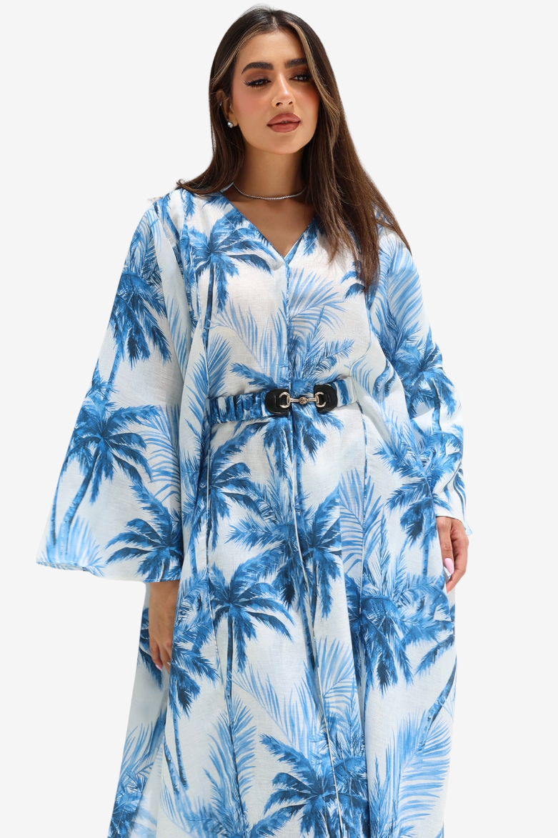 Tropical Palm Print Linen Blend Two-Piece Set